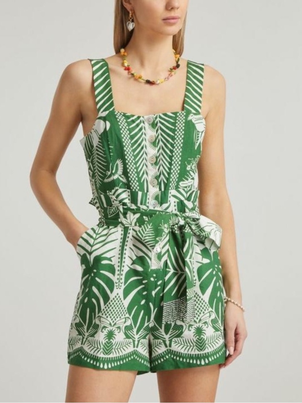 FARM Rio Green and White Botanical Tie-Waist Romper